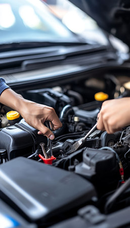 A car mechanic working on engine close up of hands with tools in a garage workshopの写真素材