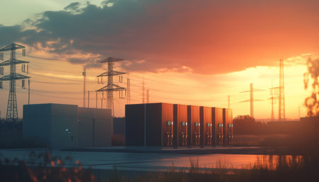 Dramatic sunset over a power substation featuring energy storage battery containersの写真素材