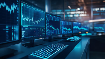 Futuristic financial trading room with monitors displaying stock market data and dynamic lighting