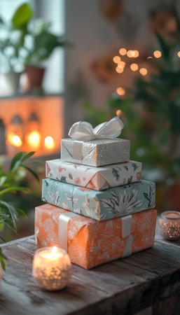 Elegantly wrapped gift boxes on rustic table with candlelight and cozy decor for special occasions