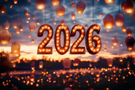 Magical nighttime celebration with floating lanterns and vintage marquee amidst a twilight skyの写真素材