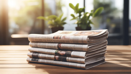 Ultra realistic close up of folded newspapers on rustic table with natural light and cozy background