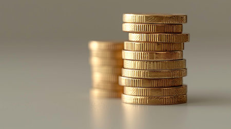 Artistic portrait of a stacked collection of coins on a gray background with copy space