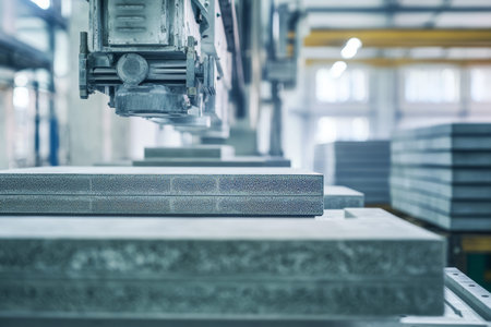 Automated Manufacturing Process with Robotic Arm Handling Stacked Construction Panels in a Factory