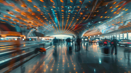 Dynamic time lapse of a busy airport terminal with passengers and cars showcasing travel activityの写真素材