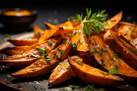 Gourmet close up of caramelized sweet potato wedges on a matte black plate with fresh herbsの写真素材
