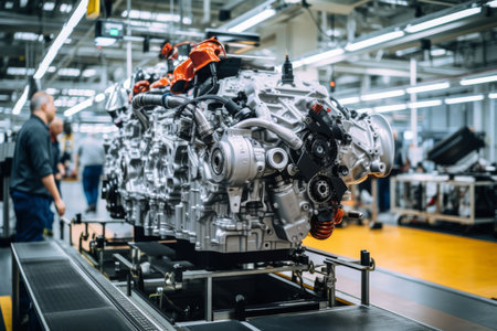 Car engine production line with conveyors and assembly stations for efficient packaging processの写真素材