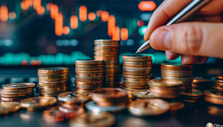 Realistic digital stock market trading scene with financial data, coins, and a hand holding a penの写真素材