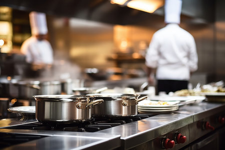 Chef s uniform in focus, with a blurred kitchen team cooking at a stainless steel gas stoveの写真素材