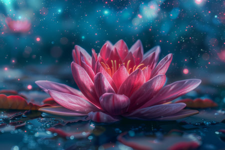 A beautiful lotus flower blooms in space, glowing against a celestial background of enlightenmentの写真素材