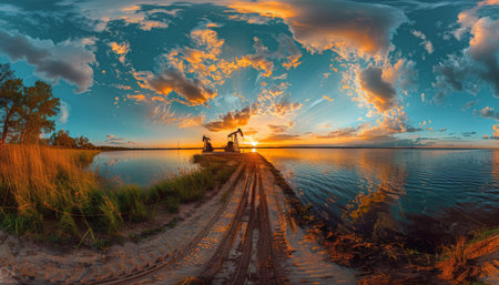 Stunning sunset over oil pumps in the steppe a panoramic view with vibrant colorsの写真素材