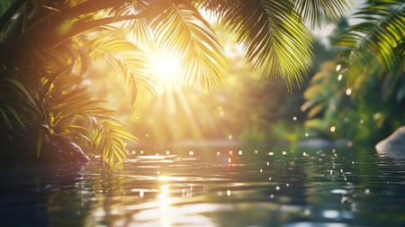 Stunning 3d visualization of sunlight filtering through palm trees over a sparkling jungle riverの写真素材