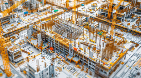 Aerial view of a building construction site on blueprints with cranes and modern officesの写真素材