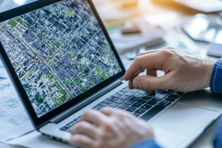 Engineer using laptop to view satellite images for urban landscape design in city projectの写真素材