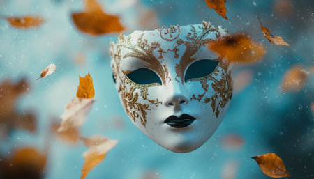 Elegant white and gold mask surrounded by falling leaves against a pastel blue backgroundの写真素材