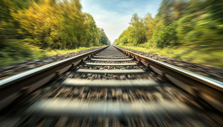 Dynamic view of speeding along railroad tracks with a blurred background in realistic photographyの写真素材