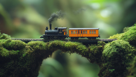 Detailed view of miniature steam train with orange carriages traversing mossy forest bridgeの写真素材