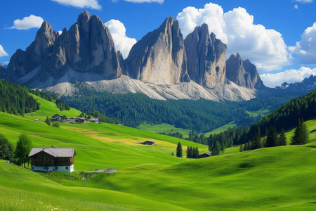 Stunning green alpine mountain landscape with rocky peaks and soft shadows in natural lightの写真素材
