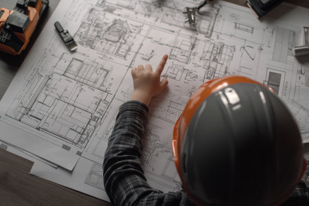 Child s hands pointing at construction blueprints in an architect s office with team collaborationの写真素材