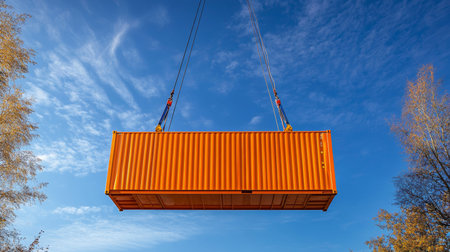 Orange shipping container elevated by crane against clear blue sky in cargo photography shot
