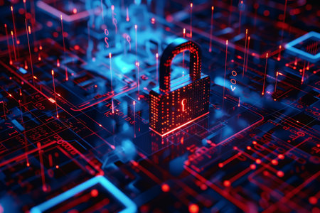 3d visualization of digital security with padlock icon on data code screen for cyber protectionの写真素材