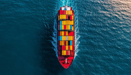 Aerial perspective of a cargo ship navigating the ocean, showcasing container transport operationsの写真素材
