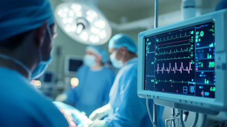 Focused medical team in surgical attire monitors patient data amidst tense operating room atmosphereの写真素材