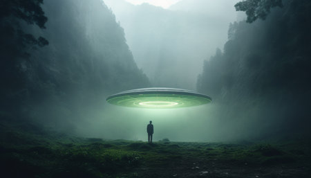 Mysterious beneath encounter a flying saucer in a foggy valley with soft lighting and symmetryの写真素材