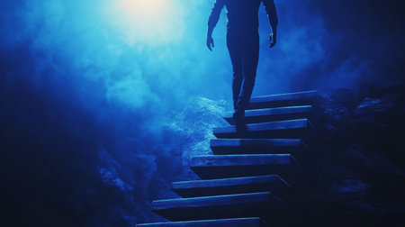 Silhouette of a man ascending wooden steps symbolizing success against a dark blue backdropの写真素材