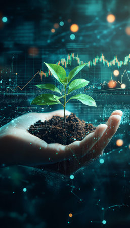 A hand nurturing a growing plant symbolizing business growth against a stock market background