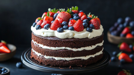 Indulgent chocolate cake topped with cream, strawberries, and blueberries on dark backgroundの写真素材