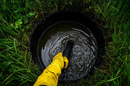 Worker in yellow gloves cleaning sewer with rubber hose against green grass backgroundの写真素材