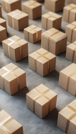 High angle view of cardboard boxes in rows on gray background for shipping and delivery servicesの写真素材