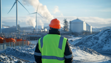 Industrial worker in high gear visibility at construction site with wind turbines on winter day