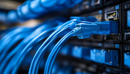 Close up of blue network cables in data center rack and switch for internet technology background