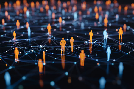 3d network concept illustration with human figures on dark digital background for business ideasの写真素材