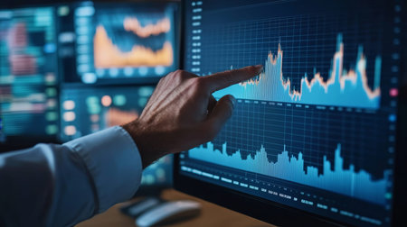 Businessman analyzing mining company growth trends on computer screen with stock market charts