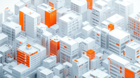 Isometric 3d cityscape featuring white buildings with orange accents against an abstract background