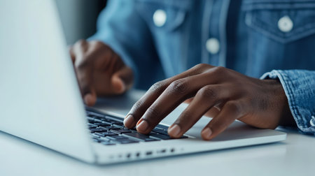 Focused african american hands typing on laptop at a white office desk with copy space availableの写真素材