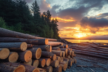 Sunset over a pile of cut trees and timber on the shoreline of british columbia, canadaの写真素材
