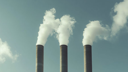Close up of three smokestacks emitting white smoke against sky, highlighting air pollution issues