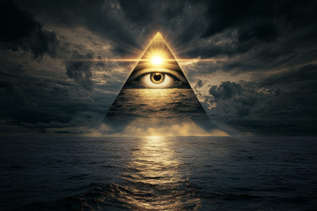 Illuminating all seeing eye in pyramid over ocean with dark clouds in realistic photography style