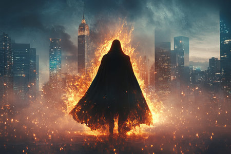 Mysterious cloaked figure with fiery aura against urban skyline in striking digital art illustration