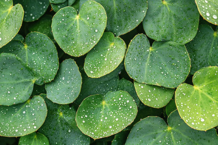 Lush green euphorbia leaves with dew drops a stunning top view of nature s beauty