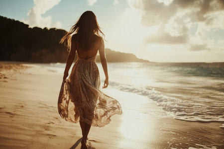 Cinematic capture of a woman in bohemian dress strolling on the beach under soft sunlightの写真素材