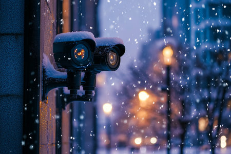 Evening snowfall captured close up of two cctv cameras on a city wall from a low angleの写真素材