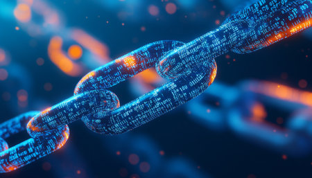 Futuristic digital chain overlaid on a blue and orange binary code background in sharp focusの写真素材