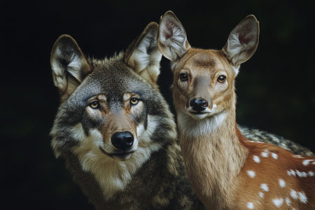 Cinematic close up portrait of a wolf and deer together against a dark backgroundの写真素材