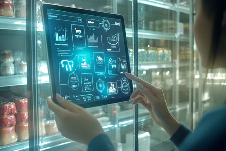 Female manager using tablet for warehouse control and online delivery in a smart city setting