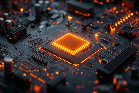 Futuristic concept of a glowing orange square chip on a computer mainboard against a dark backgroundの写真素材
